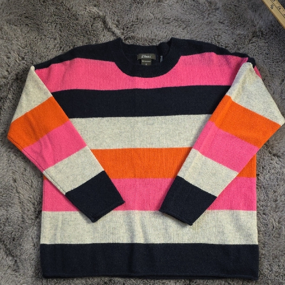 Pink Orange Grey Blue Cashmere Crewneck Sweater Bold Stripes Size Small